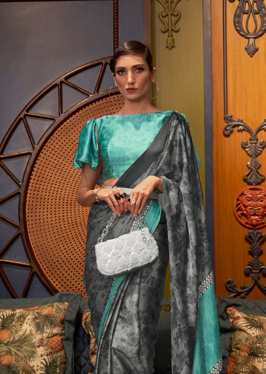 Steal Gray Digital Printed Satin Crepe Silk Saree