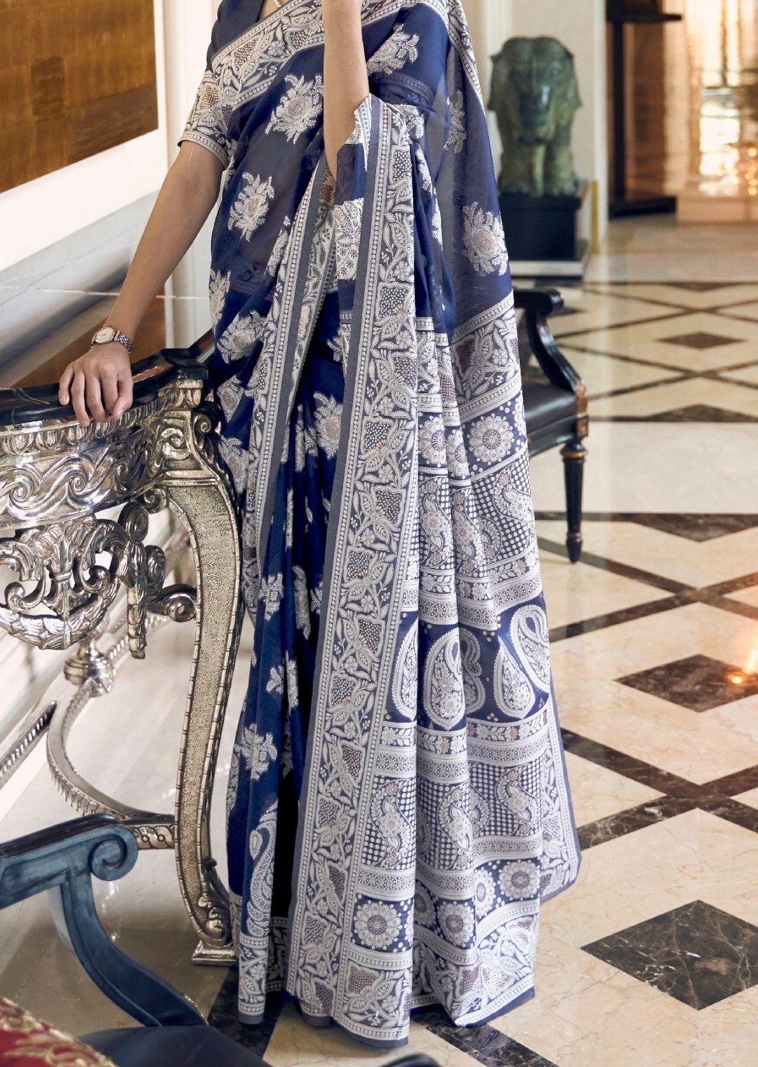 Navy Blue Hand Woven Lucknowi Cotton Saree