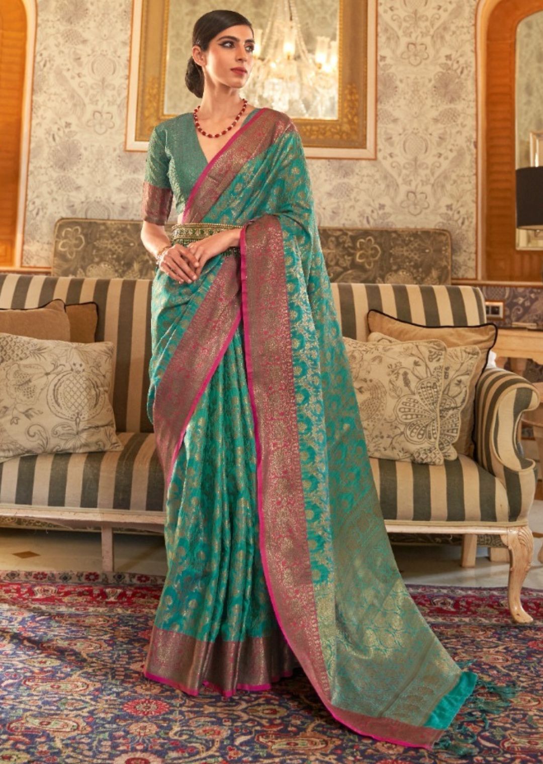 Turquoise Green Zari Woven Banarasi Silk Saree