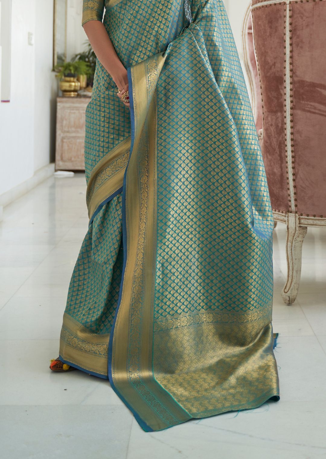 Turquoise Blue Hand Woven Kanjivaram Silk Saree