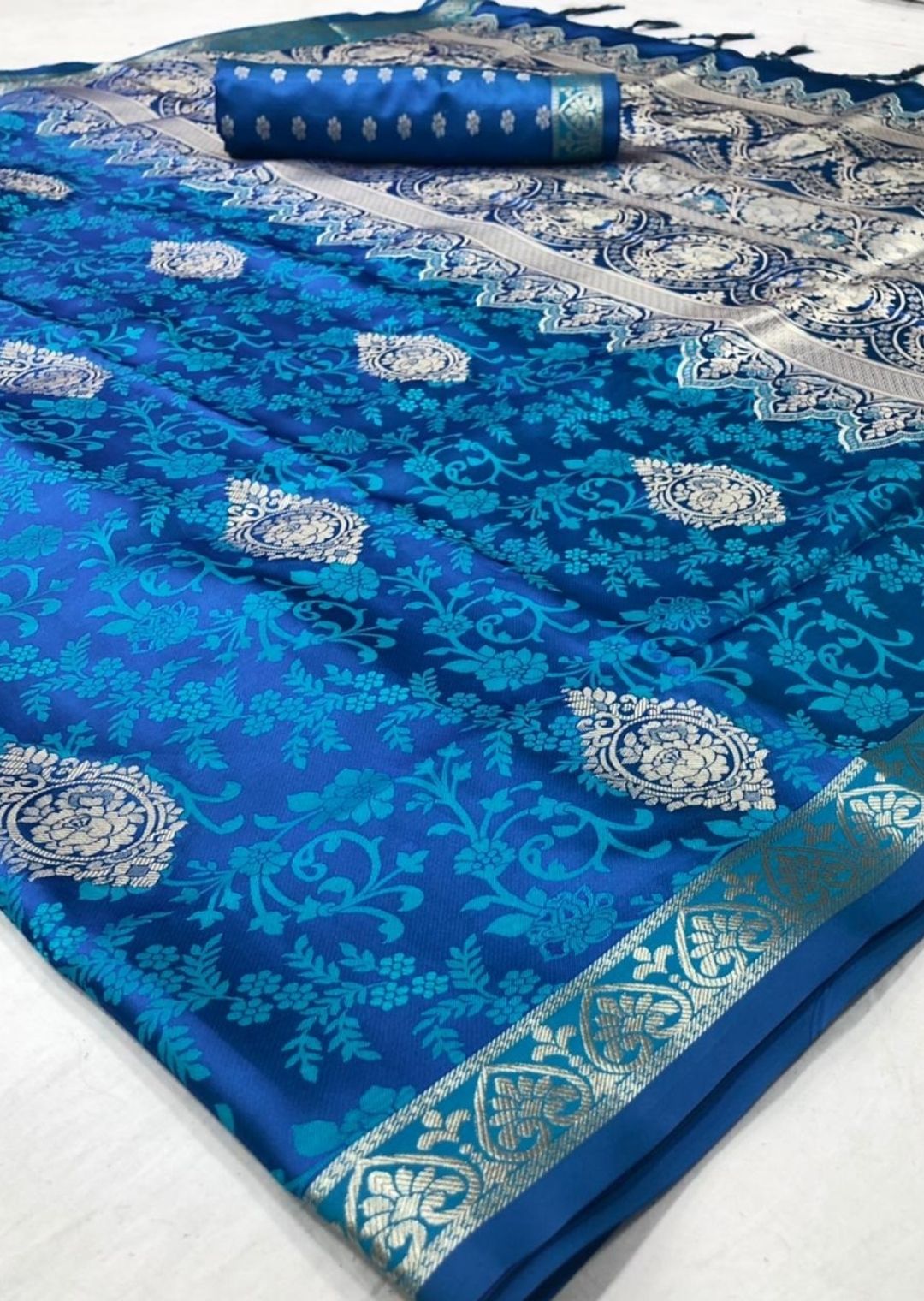 Turquoise Blue Woven Pure Satin Silk Saree