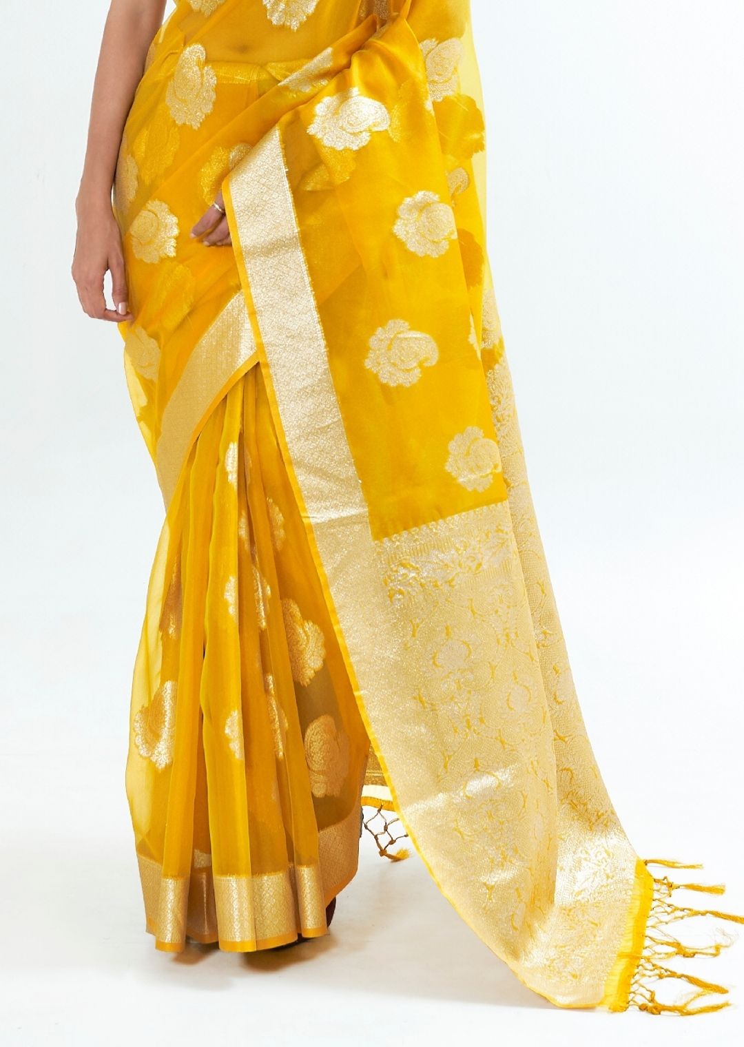 Golden Yellow Hand Woven Organza Silk Saree