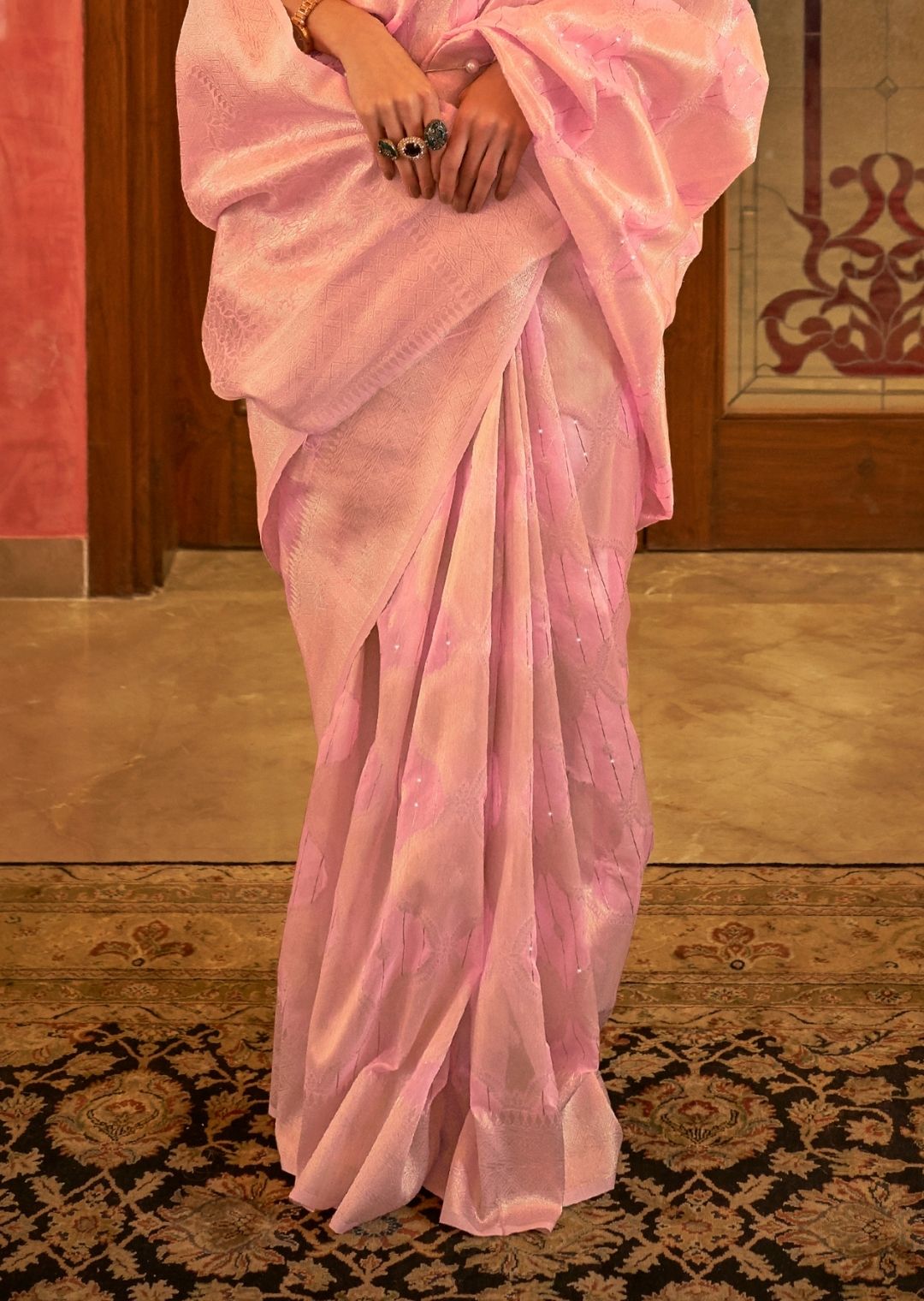 Golden Pastel Pink Zari Woven Pure Handloom Linen Saree