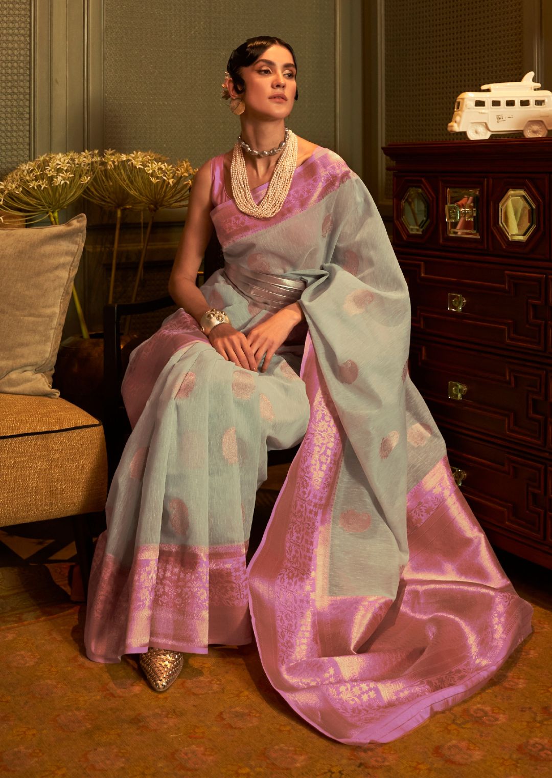 Sky Blue Zari Woven Pure Handloom Linen Saree