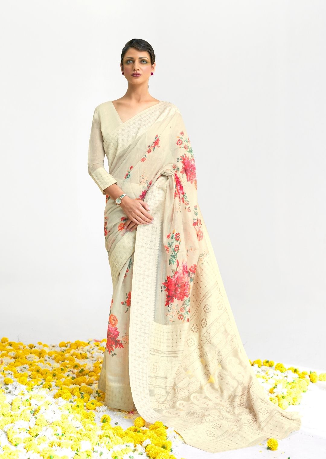 Cream White Hand Woven Lucknowi Cotton Saree