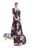 Black Digital Printed Satin Crepe Saree