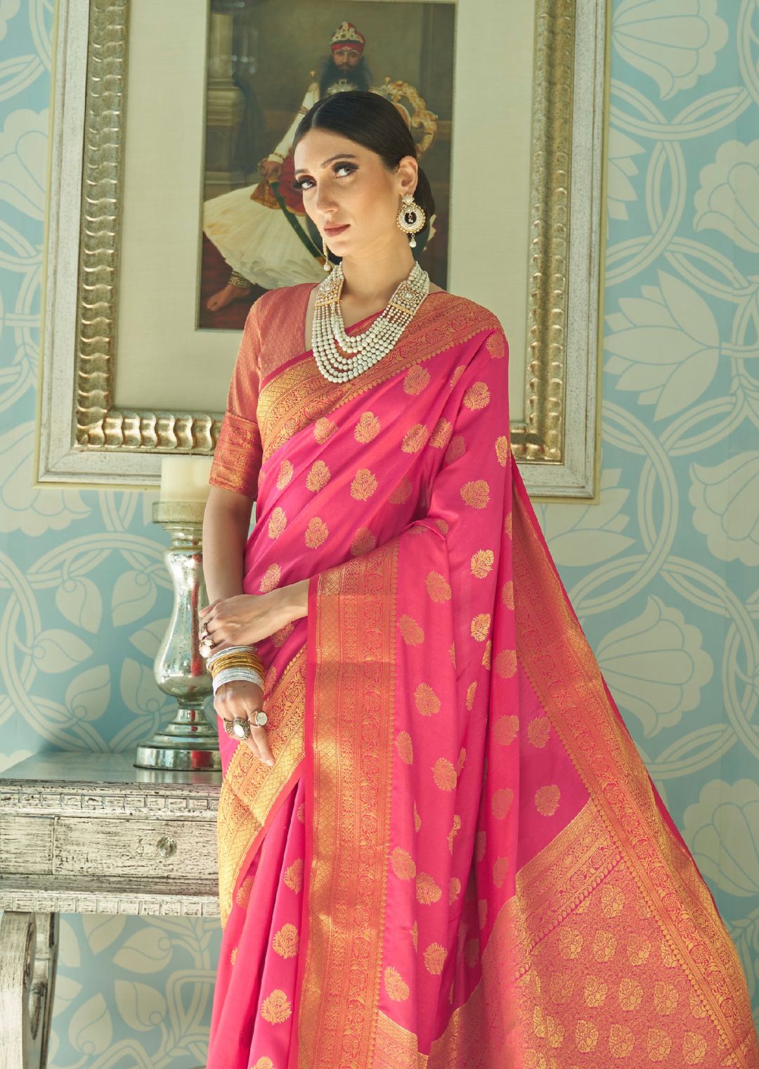 Hot Pink Woven Handloom Zari Silk Saree