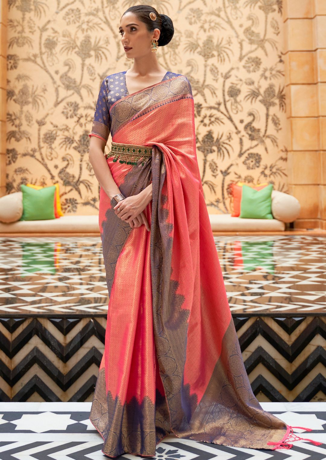 Coral Peach Katan Silk Saree