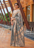 Coin Gray Zari Woven Pure Handloom Linen Saree