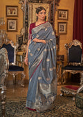 Stone Blue Zari Woven Pure Handloom Tessar Silk Saree