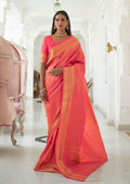 Coral Pink Hand Woven Kanjivaram Silk Saree