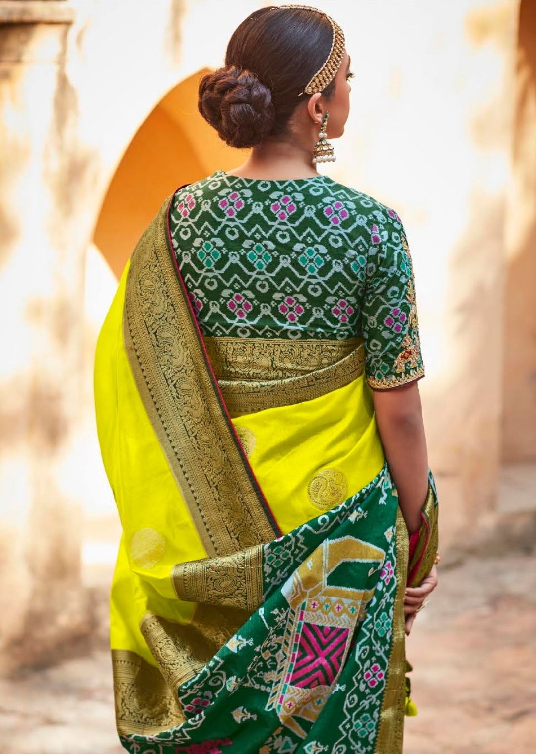 Lemon Yellow Woven Traditional Patola Silk Saree With Embroidered Silk Blouse