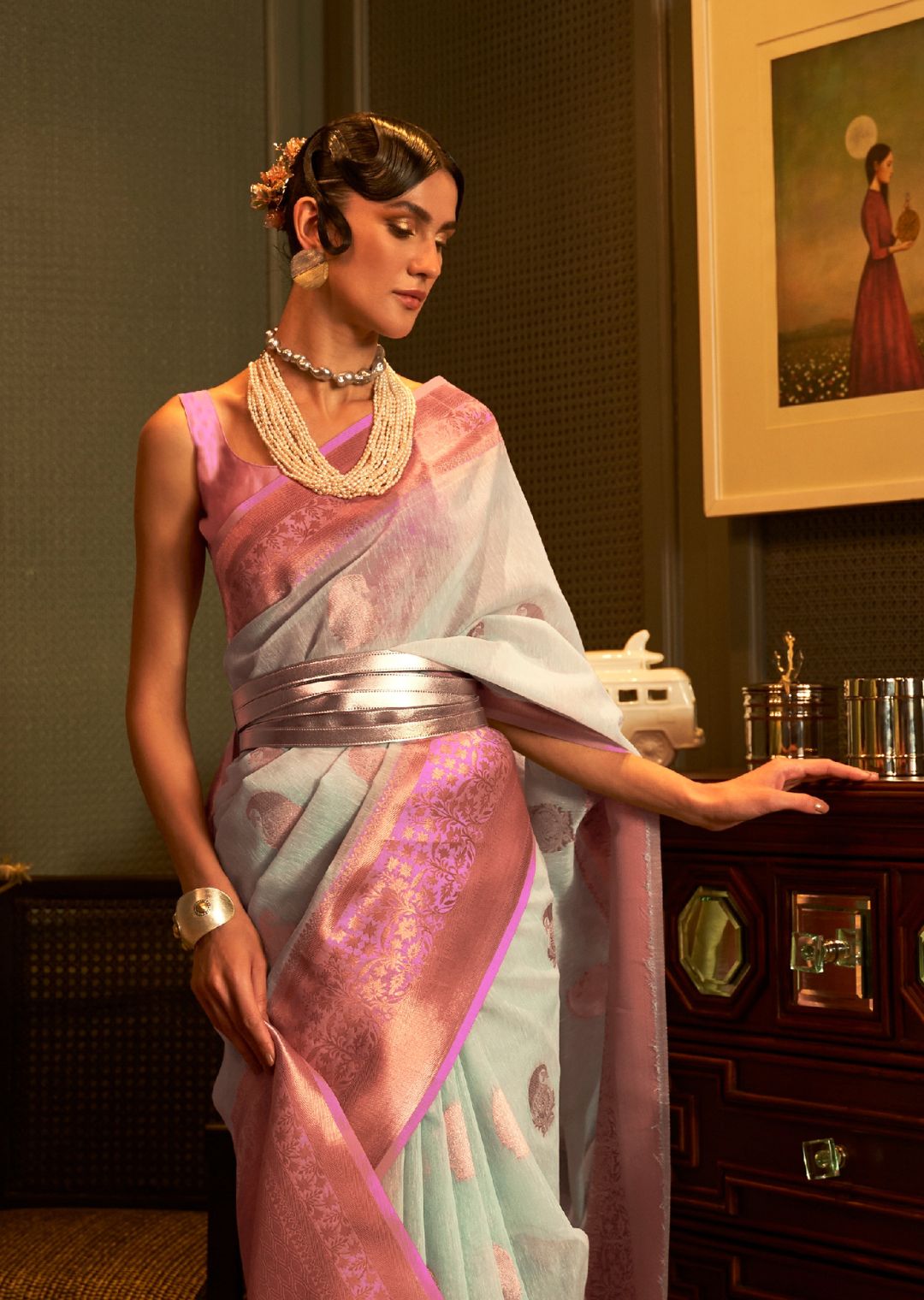 Sky Blue Zari Woven Pure Handloom Linen Saree
