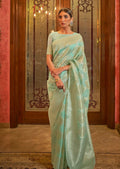 Golden Mint Green Zari Woven Pure Handloom Linen Saree