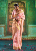Blossom Pink Zari Woven Pure Handloom Digital Linen Saree