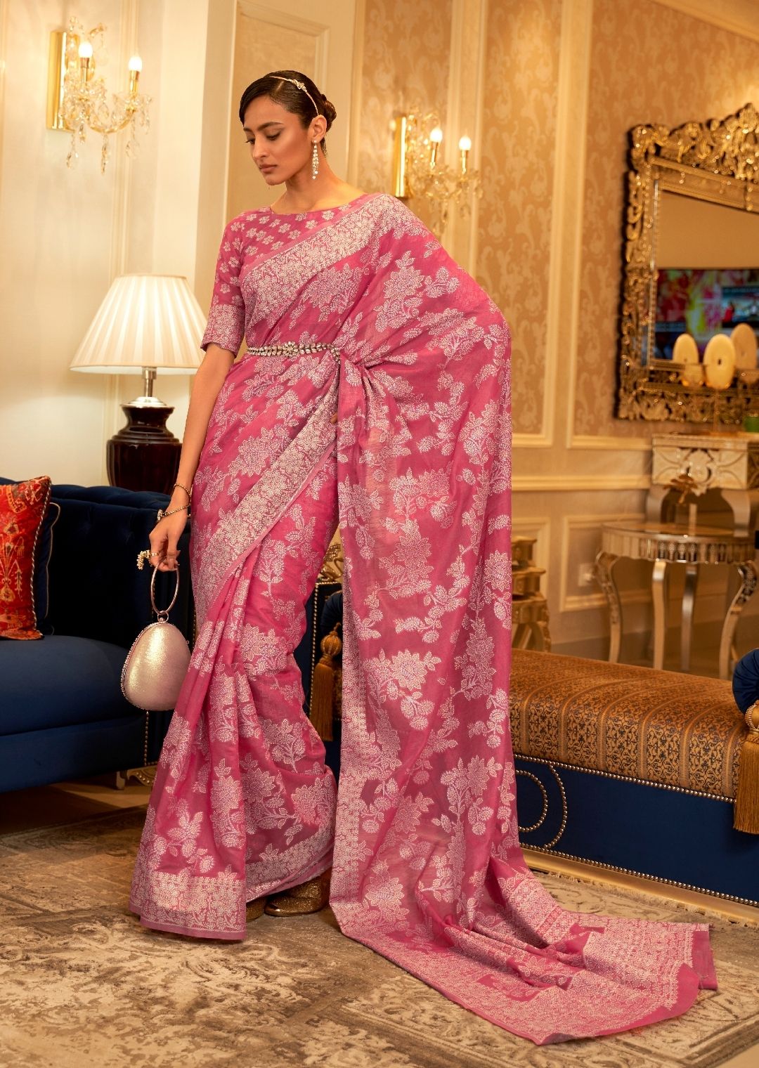 Deep Pink Woven Pure Handloom Chickankari Lucknowi Cotton Saree