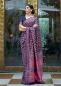 Navy Blue Woven Kashmiri Jamewar Silk Saree