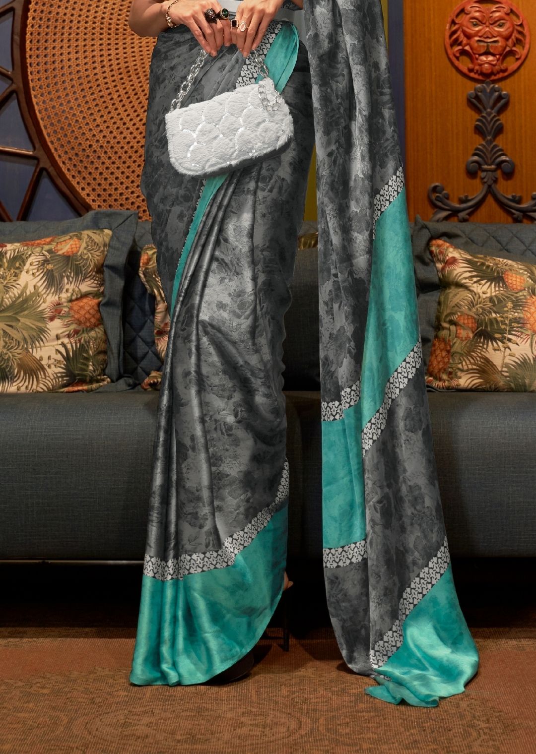 Steal Gray Digital Printed Satin Crepe Silk Saree