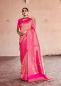 Hot Pink Swaroski Hand Woven Kanjivaram Silk Saree
