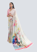 Milky White Digital Printed Satin Crepe Saree