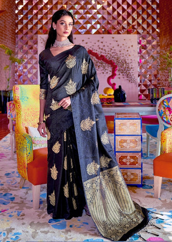Black Woven Pure Satin Silk Saree