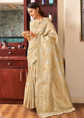 Golden Pearl White Zari Woven Pure Handloom Linen Silk Saree