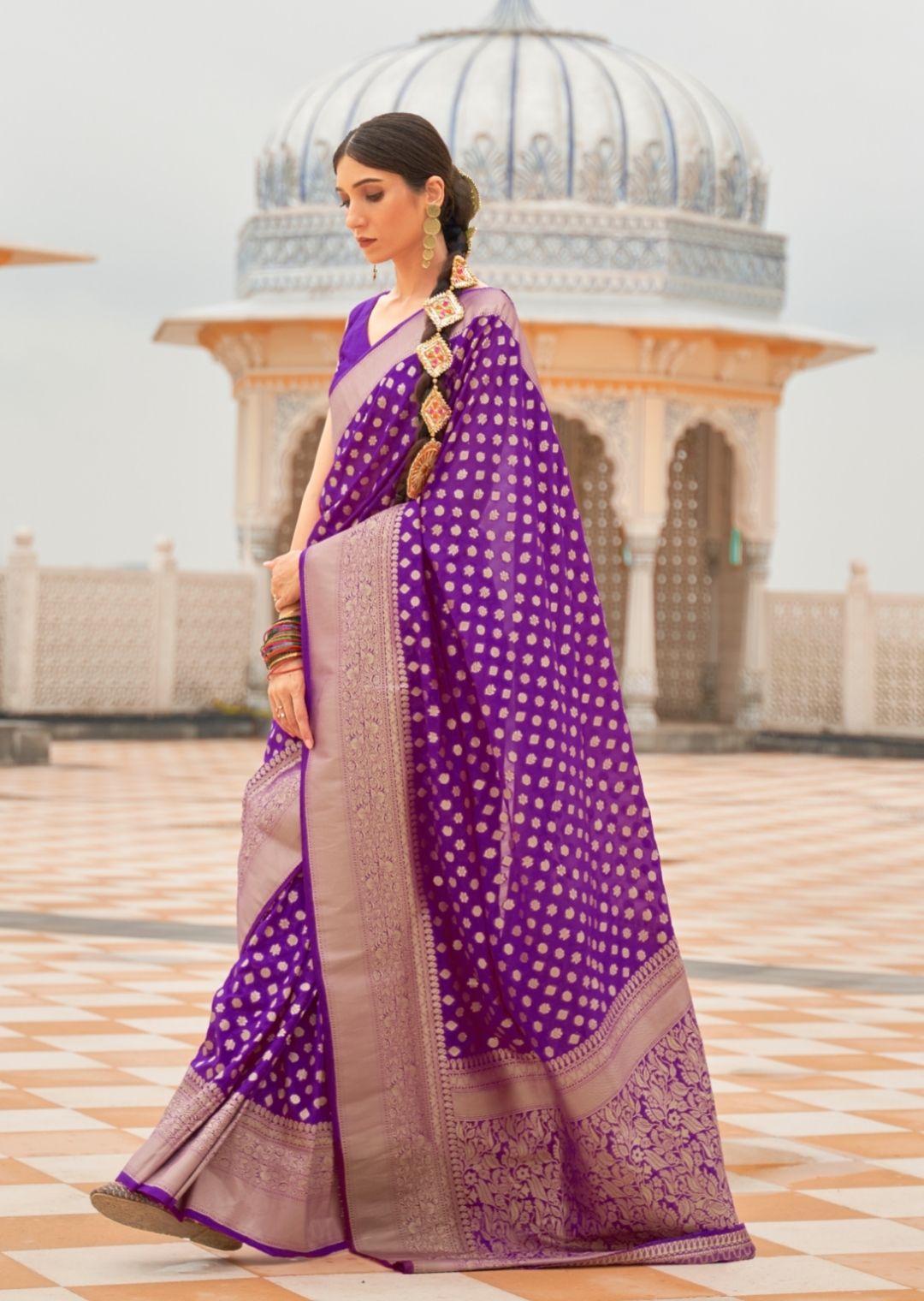 Violet Purple Woven Khaddi Georgette Banarasi Saree With Embroidered Silk Blouse
