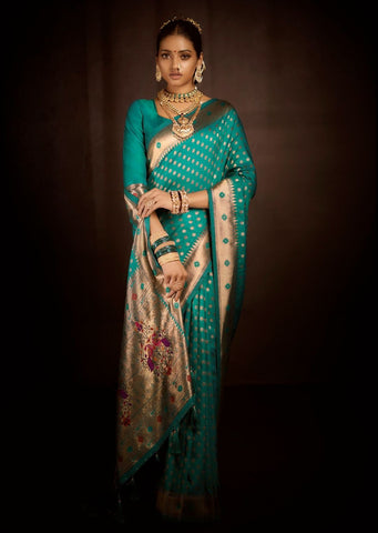 Tiffany Blue Zari Woven Traditional Peshwai Paithani Silk Saree With Swarovski Work