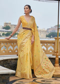 Glazed Corn Yellow Zari Woven Pure Handloom Linen Saree