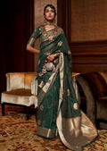Bottle Green Woven Handloom Pure Tessar Zari Silk Saree