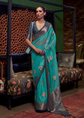 Deep Aqua Marine Blue Zari Woven Two Tone Pure Handloom Organza Silk Saree