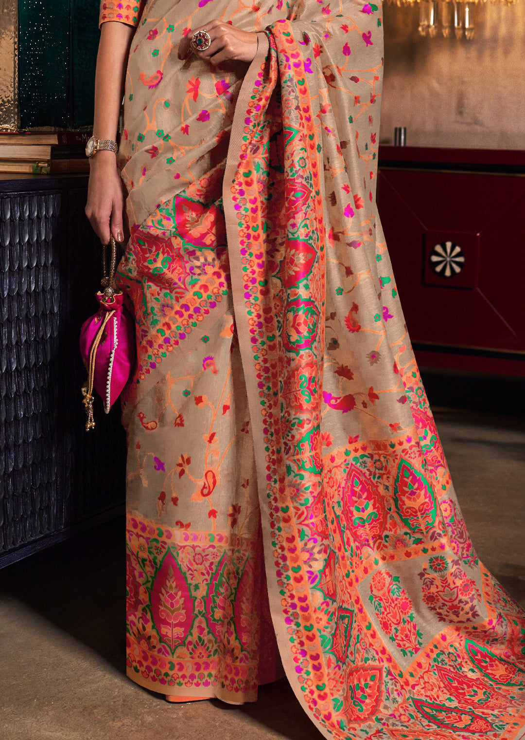 BEIGE OFF WHITE WOVEN KASHMIRI JAMEWAR SILK SAREE