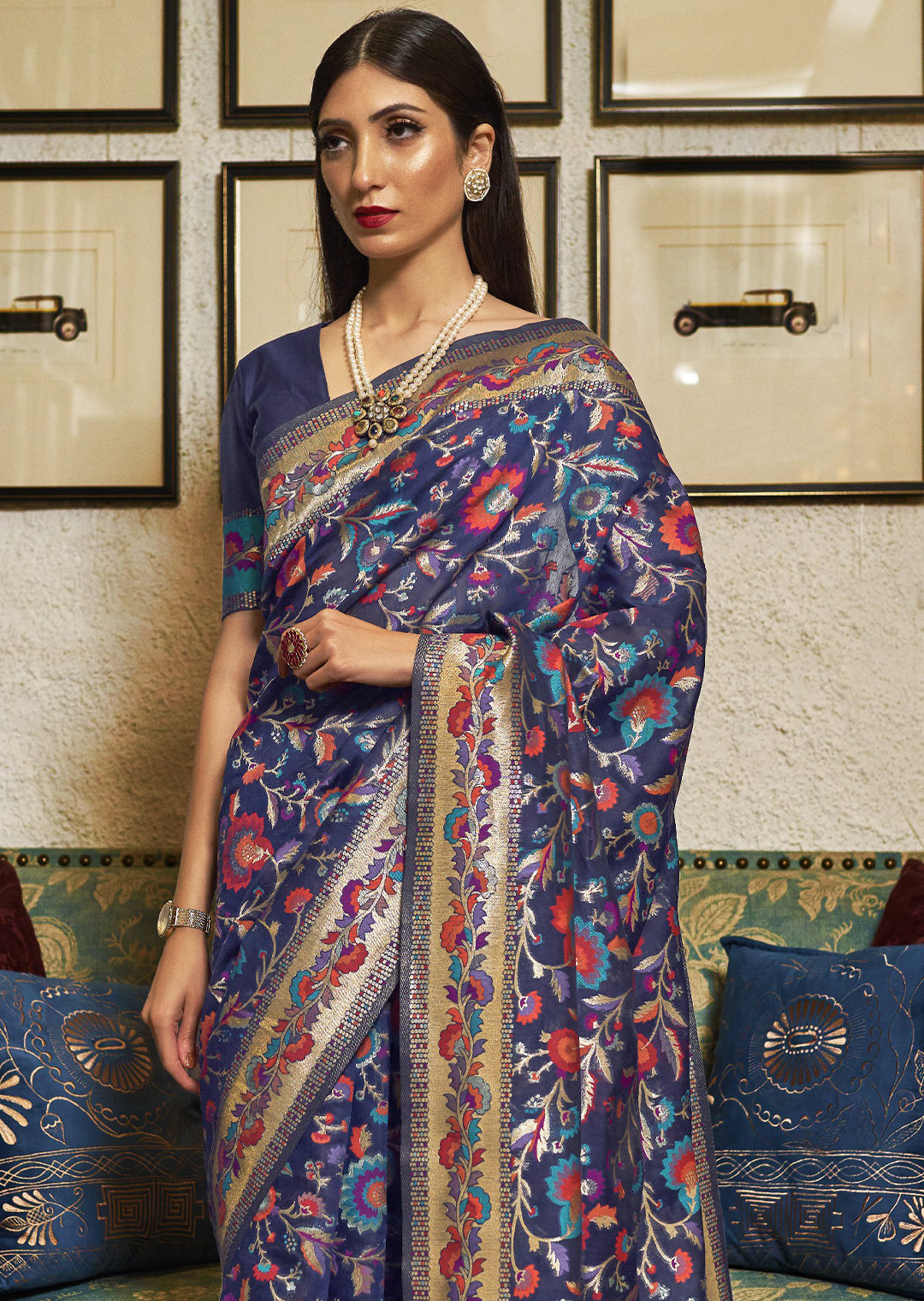 NAVY BLUE WOVEN KASHMIRI JAMEWAR SILK SAREE