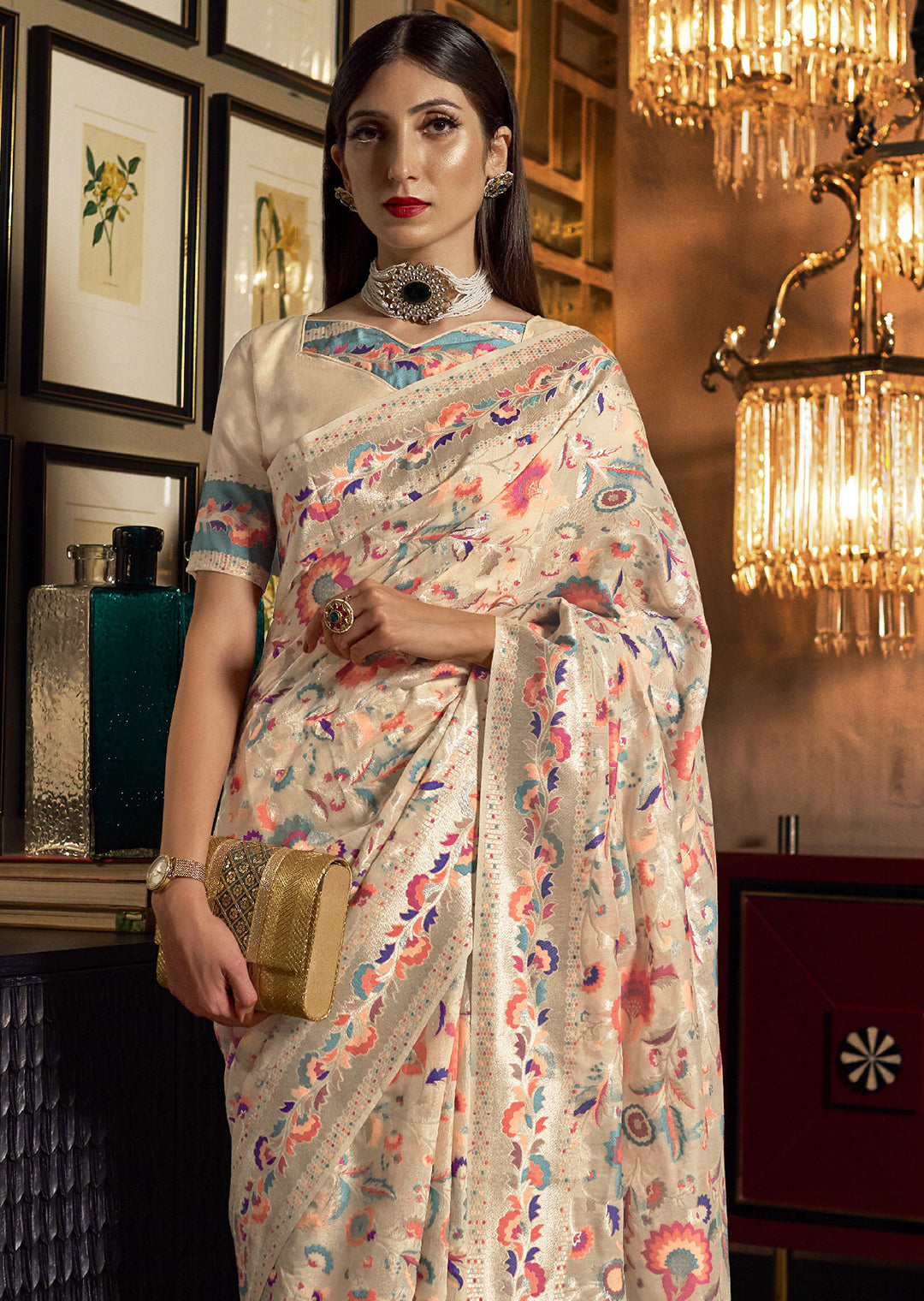 PEARL WHITE WOVEN KASHMIRI JAMEWAR SILK SAREE