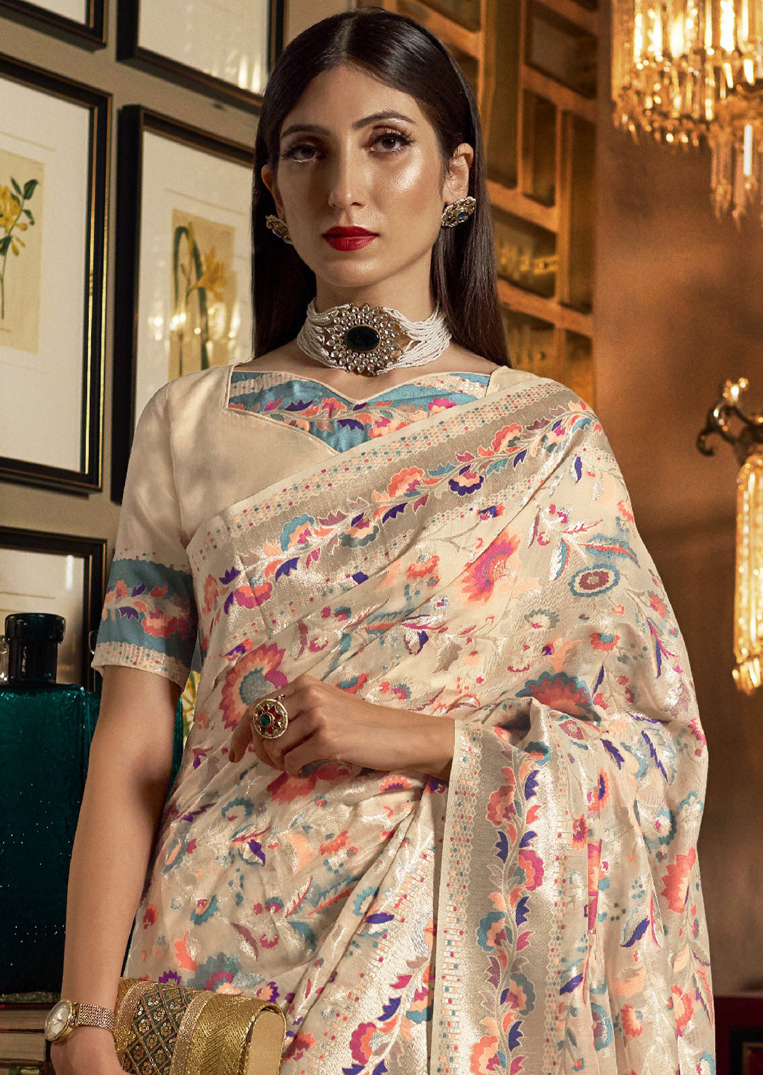 PEARL WHITE WOVEN KASHMIRI JAMEWAR SILK SAREE