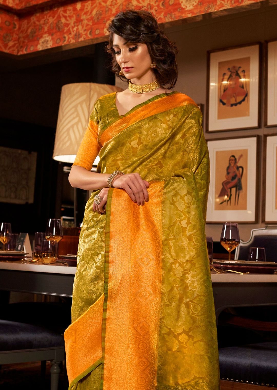 Lime Green Zari Woven Banarasi Silk Saree