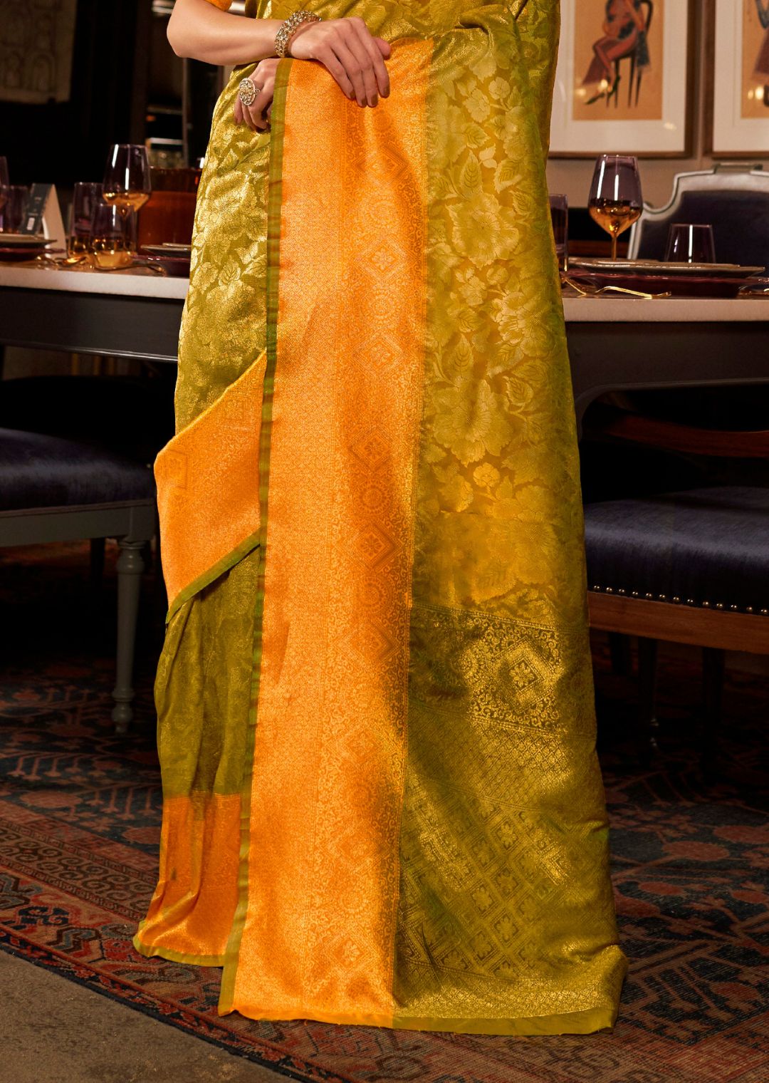 Lime Green Zari Woven Banarasi Silk Saree
