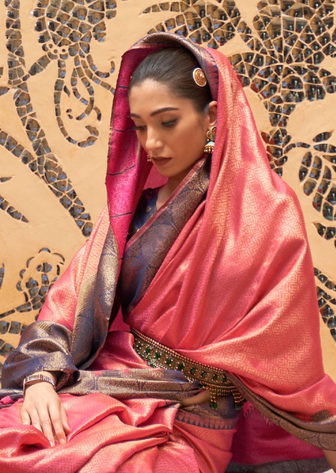 Coral woven silk saree with blouse - Lilots - 4066316