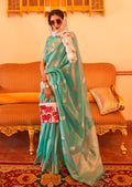 Aqua Marine Blue Zari Woven Pure Handloom Chanderi Silk Saree