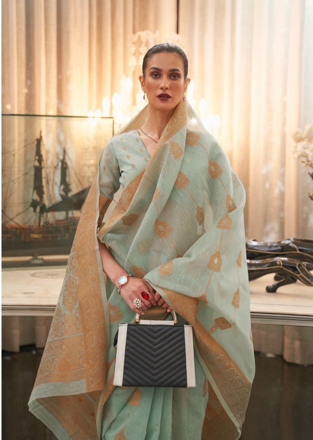 Mint Green Zari Woven Pure Handloom Linen Saree