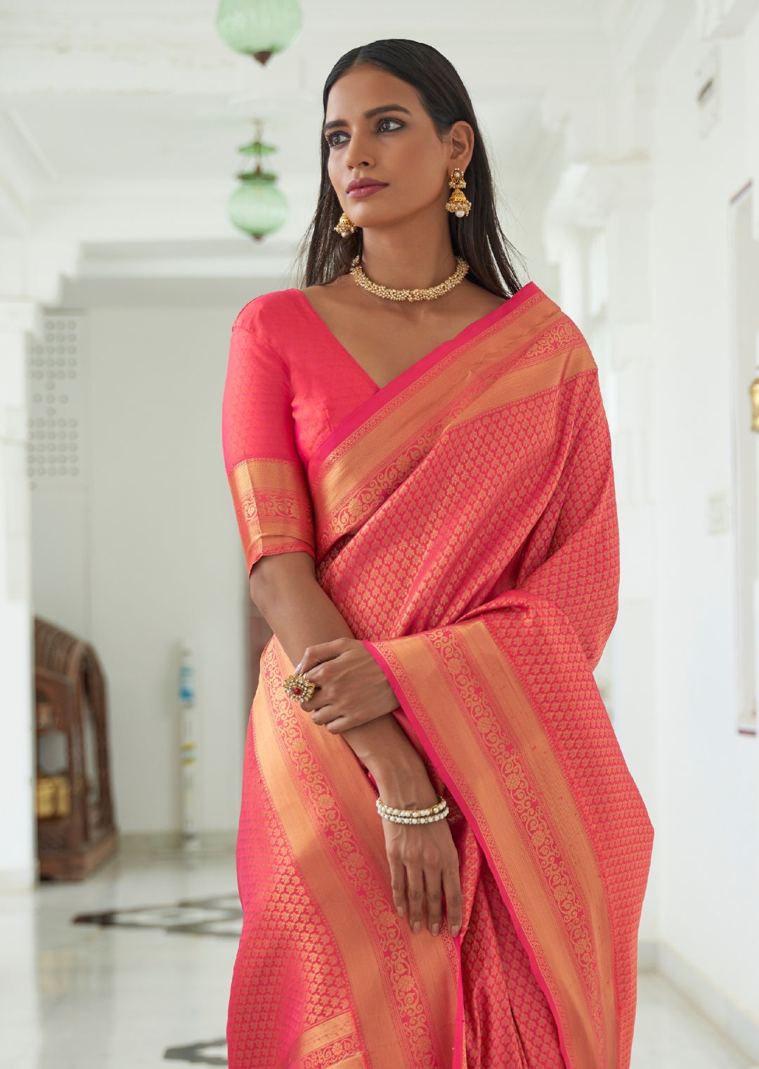 Coral Pink Hand Woven Kanjivaram Silk Saree