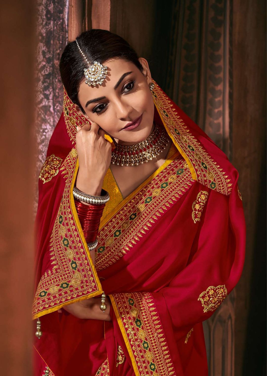 Red & Mustard Yellow Woven Celebrities Designer Saree with Embroidered Silk Blouse