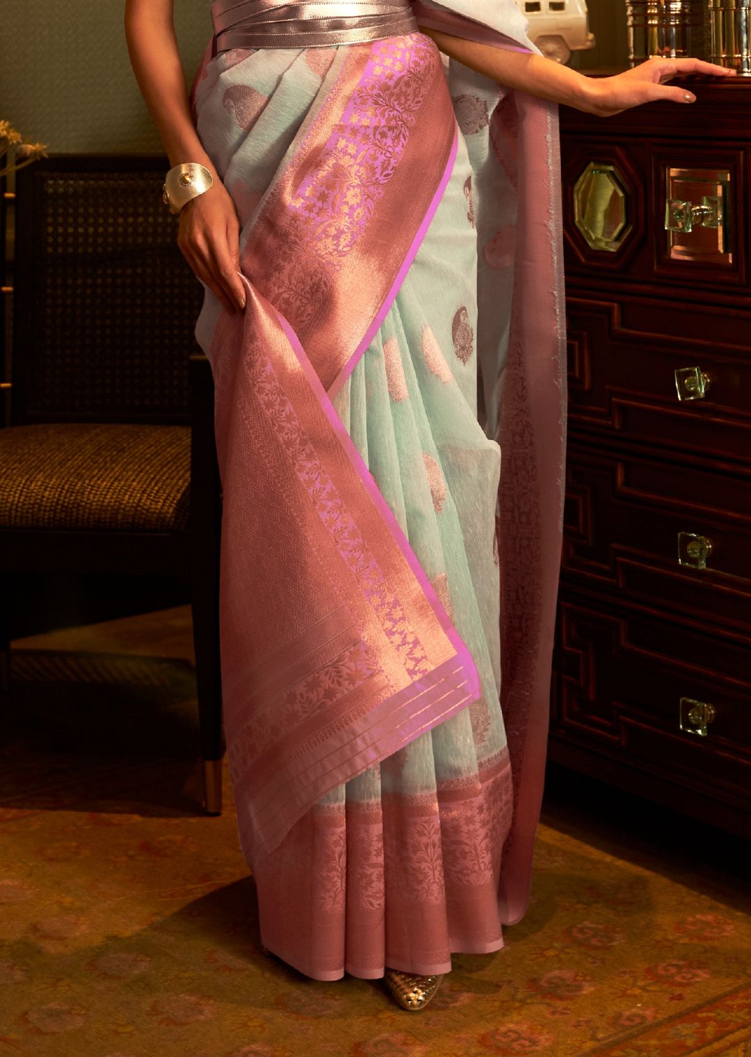 Sky Blue Zari Woven Pure Handloom Linen Saree