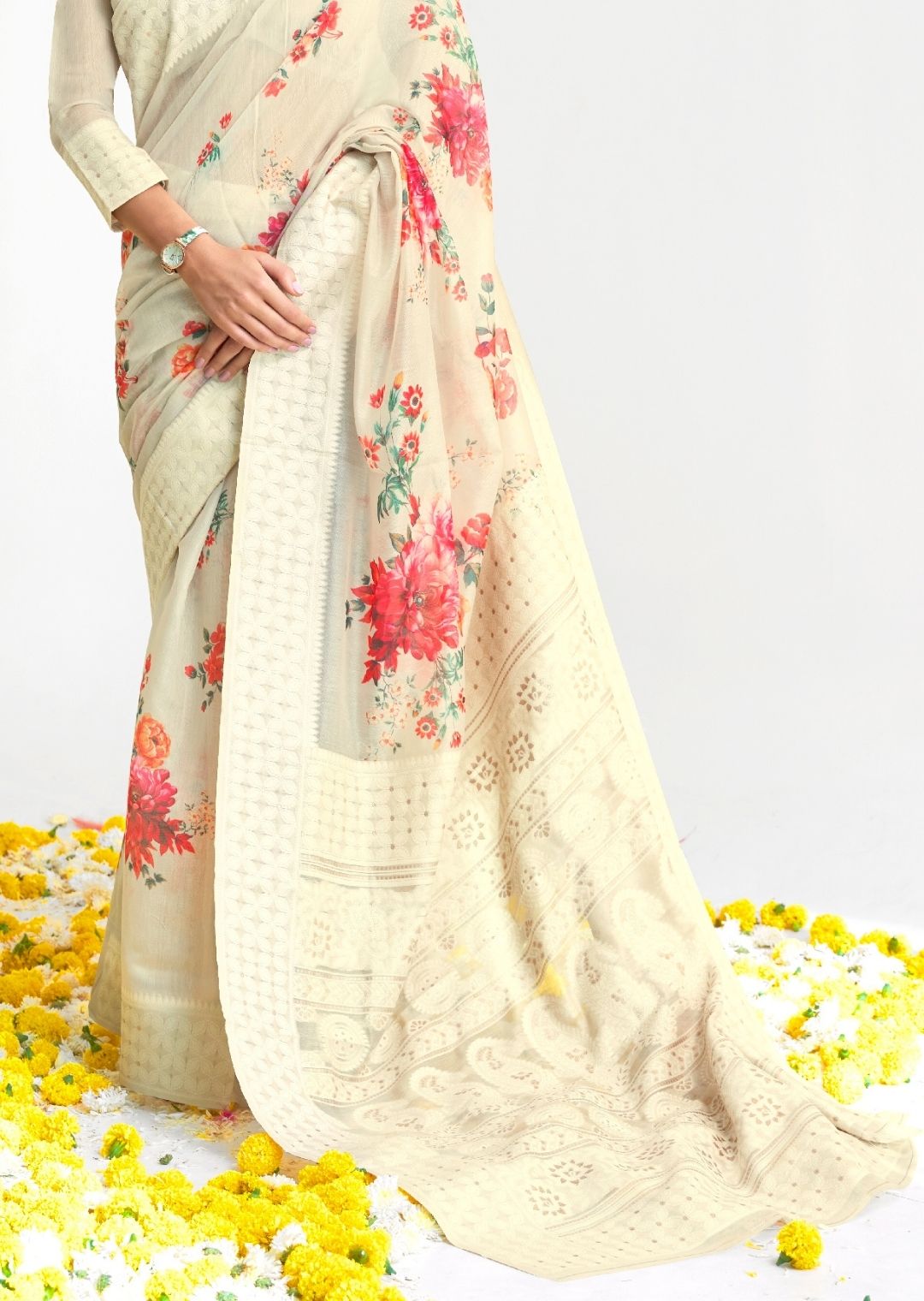 Cream White Hand Woven Lucknowi Cotton Saree