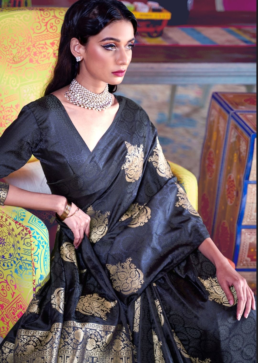 Black Woven Pure Satin Silk Saree