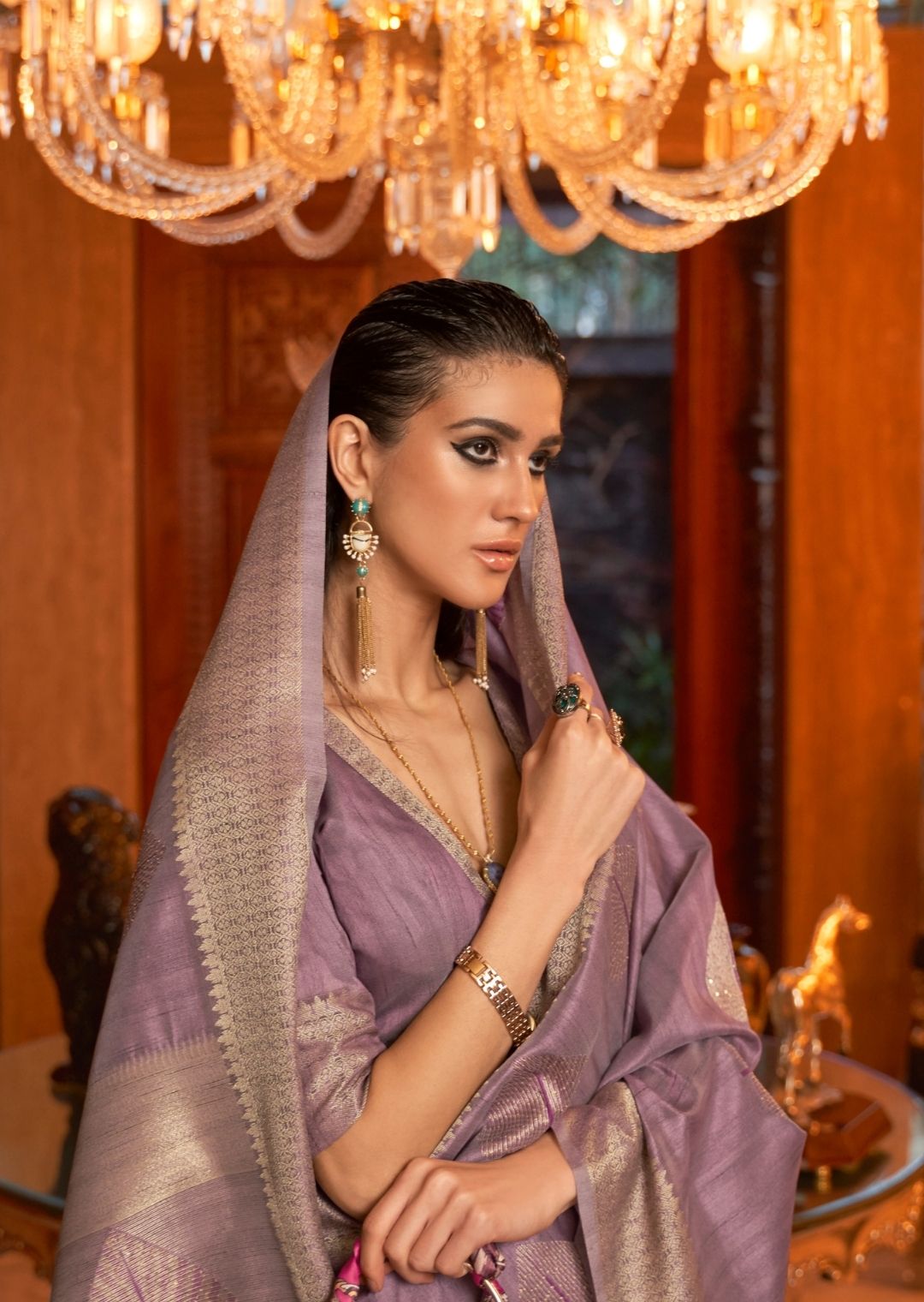 Opera Mauve Purple Hand Woven Tussar Cotton Silk Saree With Sequins Work