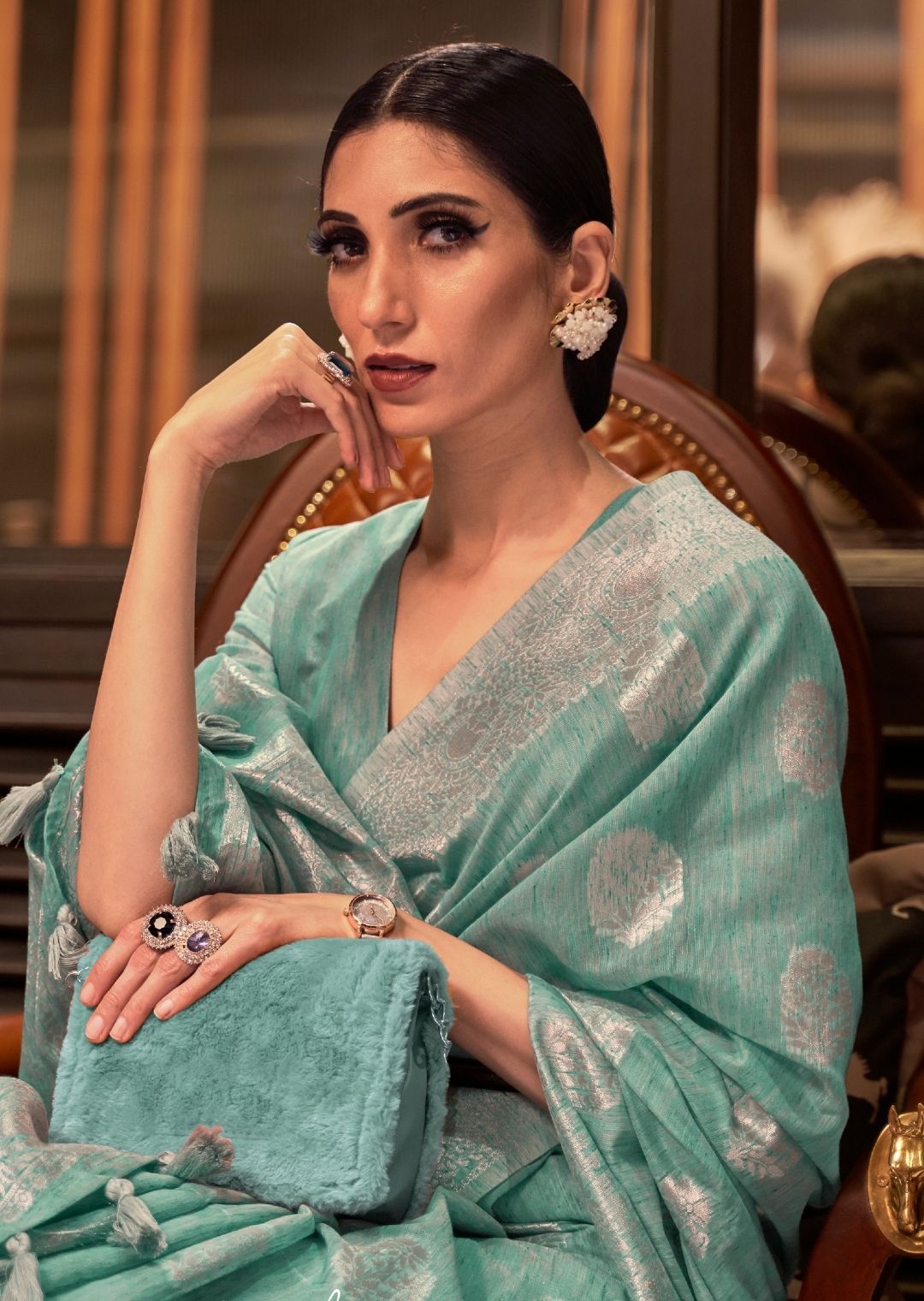 Aqua Blue Zari Woven Pure Handloom Linen Saree