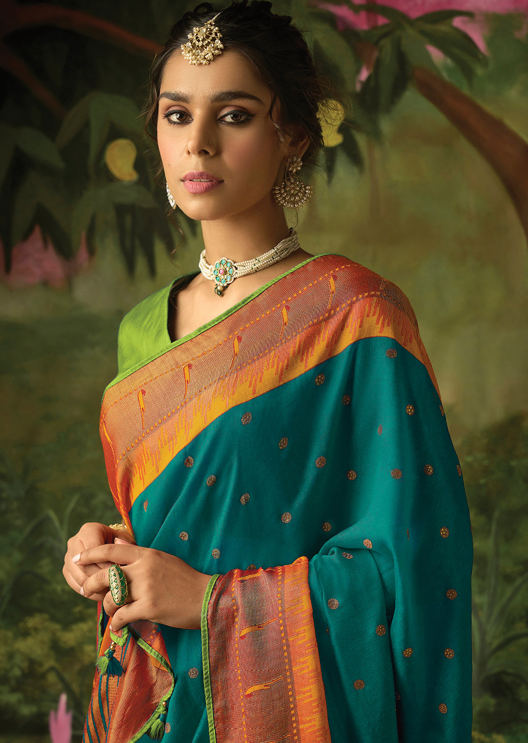 TEAL BLUE WOVEN TRADITIONAL PURE BRASSO CHIFFON PAITHANI SAREE WITH EMBROIDERED SILK BLOUSE