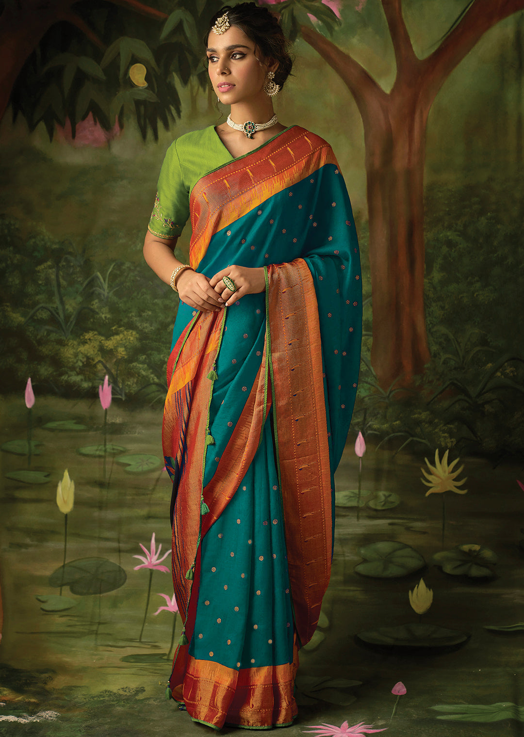TEAL BLUE WOVEN TRADITIONAL PURE BRASSO CHIFFON PAITHANI SAREE WITH EMBROIDERED SILK BLOUSE
