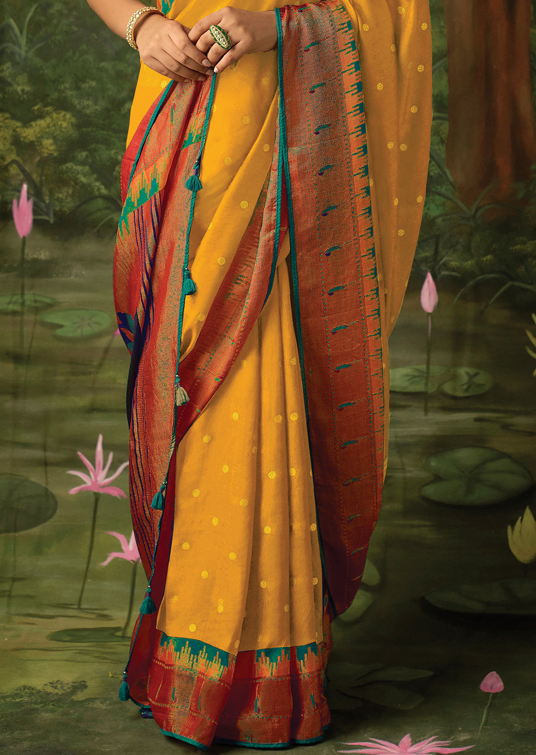MUSTARD YELLOW WOVEN TRADITIONAL PURE BRASSO CHIFFON PAITHANI SAREE WITH EMBROIDERED SILK BLOUSE